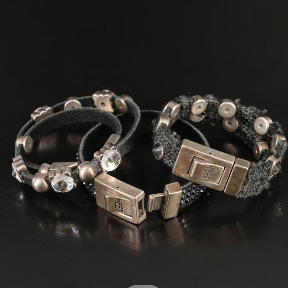 Sparkling Silver And Black Swarovski Crystal And Leather Bracelets